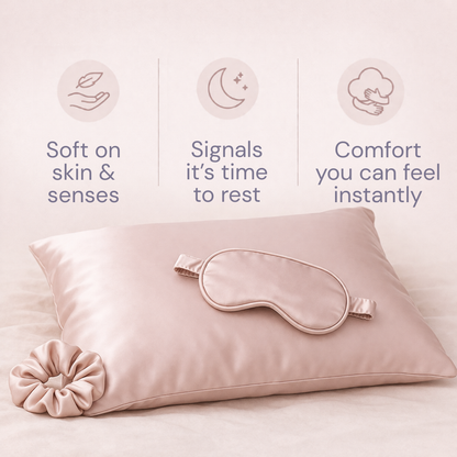 Silk Sleep Ritual Set – 100% Mulberry Silk Pillowcase, Eye Mask & Hair Tie